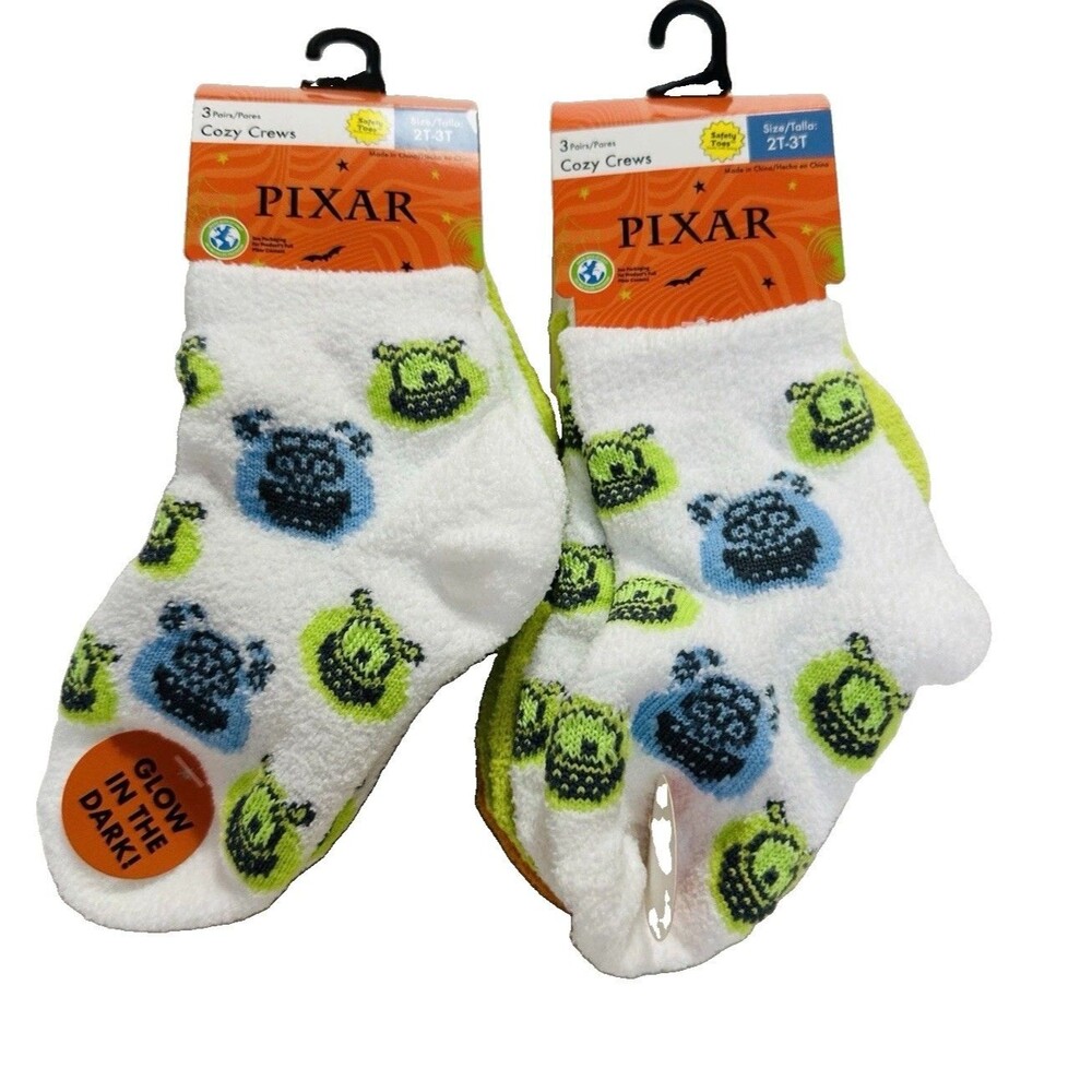 Toddler Monsters Inc Socks 2T-3T Mike & Sully Glow In The Dark 6pair